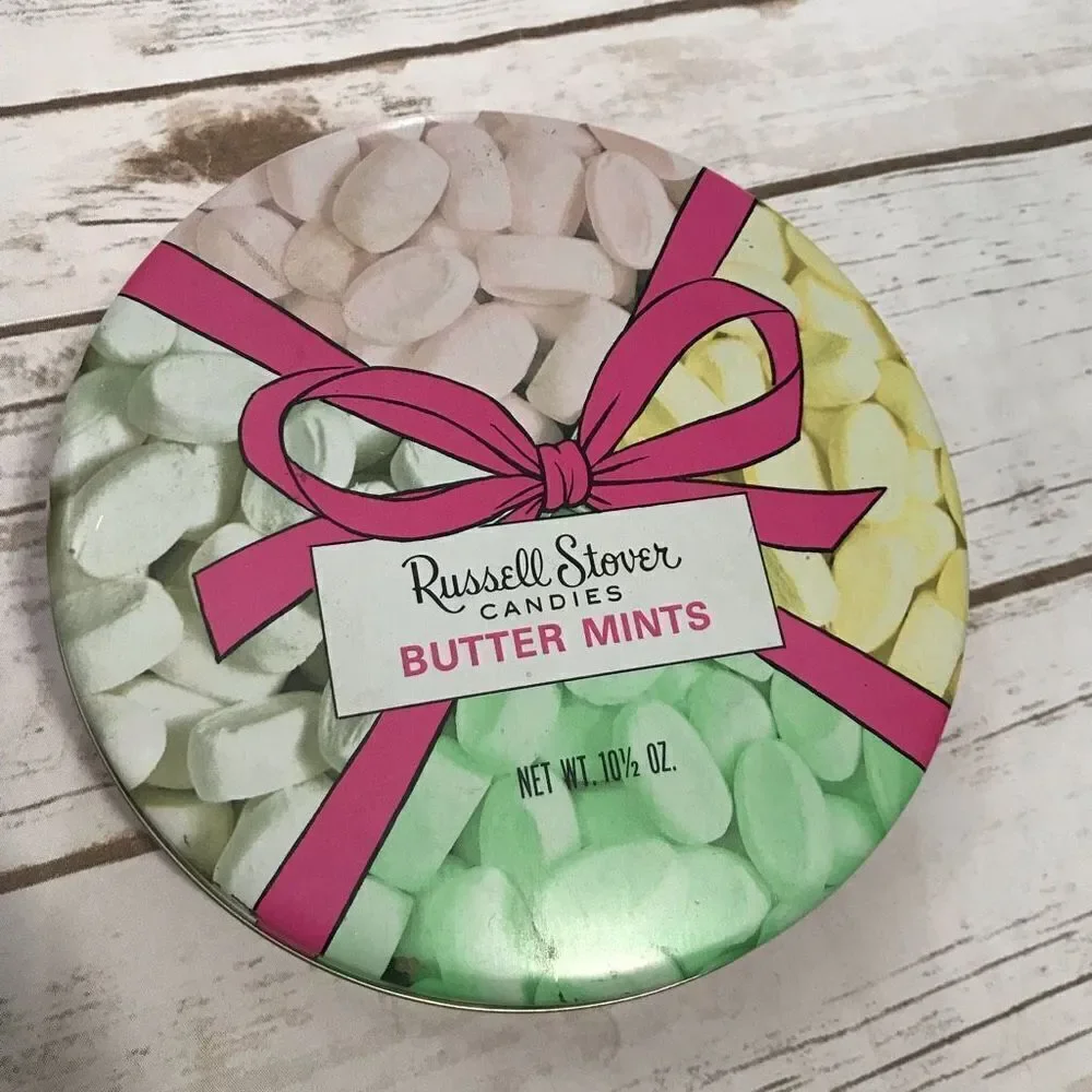 Collectible Vintage RUSSELL‎ STOVER CANDIES Butter Mints Tin 6.5 x 2